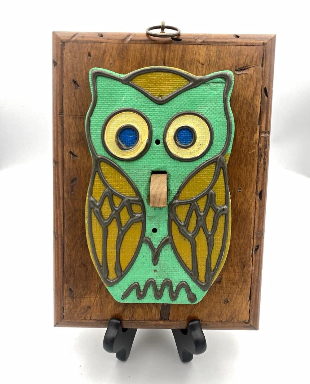 Owl Decorative Wood Hanging Wall Plaque Vtg 6x9 Rectangular Brown/Green